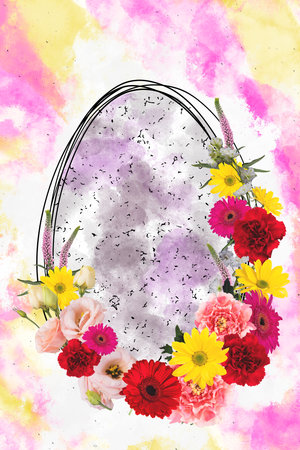 Collage 3d image of pinup pop retro sketch of easter egg silhouette decorating flowers isolated painting backgroundの写真素材