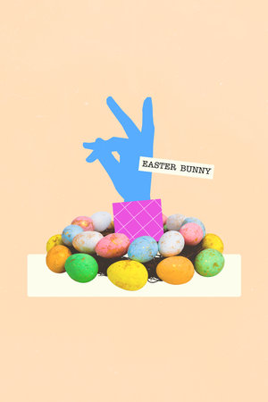 Collage 3d photo greeting picture card brochure of human arm collect colorful eggs isolated on...