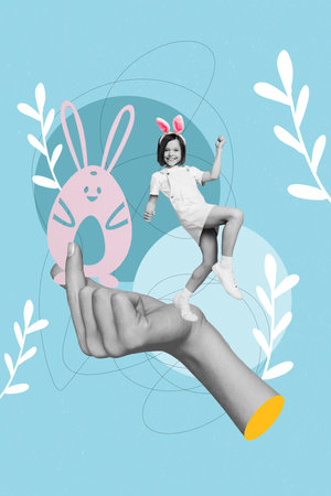 Collage 3d image of pinup pop retro sketch of lucky small kid winning easter game collecting eggs isolated painting backgroundの写真素材