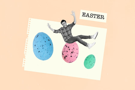 Banner poster template collage of funny guy doing hand craft painting easter egg prepare for springtime occasionの写真素材