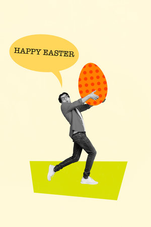 Collage vertical 3d photo invitation brochure poster postcard artwork of positive guy play game hunt egg isolated on drawing backgroundの写真素材