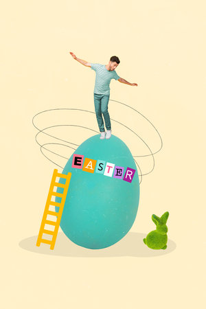 Vertical collage photo 3d image sketch invitation brochure of funky carefree guy standing on big...