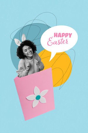 Photo artwork minimal collage picture of smiling funny lady presenting easter postcard isolated drawing backgroundの写真素材
