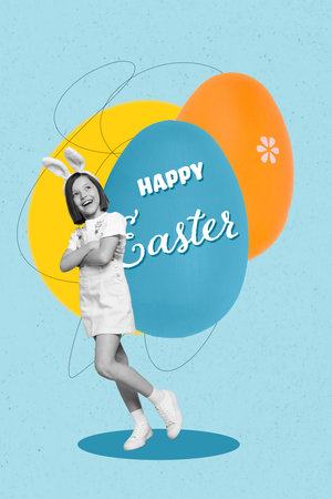 Artwork magazine collage picture of confident little child arms folded celebrating easter isolated drawing backgroundの写真素材