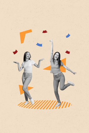 Black white gamma collage photo picture poster postcard of energetic girls celebrate win victory isolated on painted backgroundの写真素材