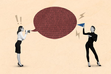 Creative retro 3d magazine collage image of lady worker defending mocking screaming boss isolated painting backgroundの写真素材