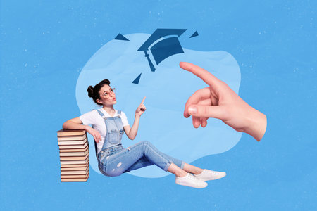 Collage photo picture poster postcard of smart clever girl preparing last exam finish education isolated on drawing backgroundの写真素材