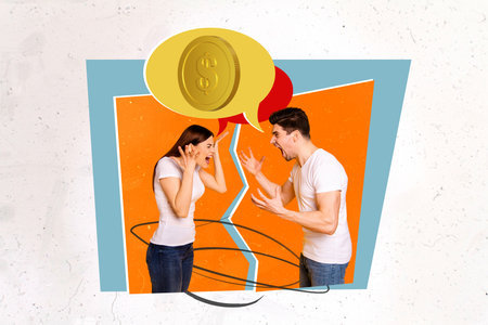 Minimal template photo conceptual collage of young aggressive family couple money issues break up...