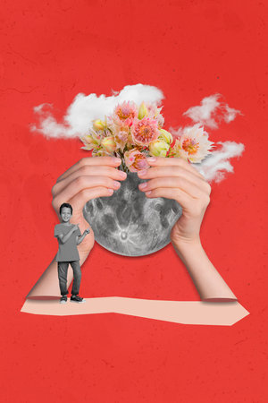 3d retro abstract creative artwork template collage of small kid pointing fingers arms holding planet isolated painting backgroundの写真素材