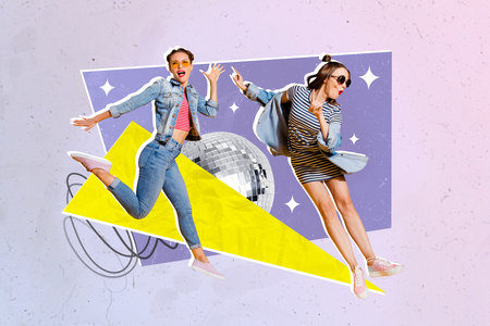 Composite collage picture of two positive girls jumping dancing good mood disco ball isolated on...
