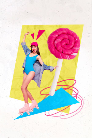 Vertical collage picture of overjoyed positive girl hand hold big candy stick ride rollerblades isolated on creative backgroundの写真素材