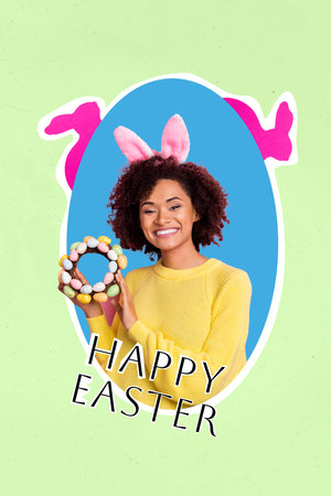 Collage artwork photo young woman showing her masterpiece Easter decorated wreath of branches glory...