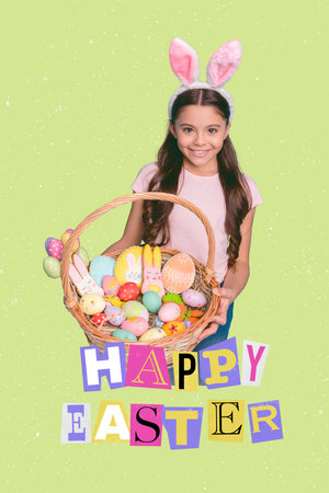 Artwork conceptual Easter theme collage of small lovely girl hold big tasty basket show parents grandparents her handmade craftの写真素材