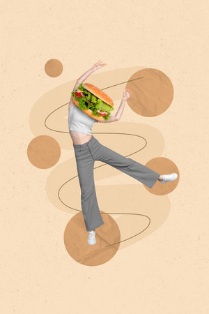 Vertical photo advertisement restaurant tasty healthy hamburger lettuce salad headless lady eat american food isolated on beige color backgroundの写真素材