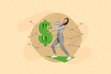 Picture creative collage photo of young excited funny business lady hold dollar symbol global inflation finance process isolated on beige backgroundの写真素材