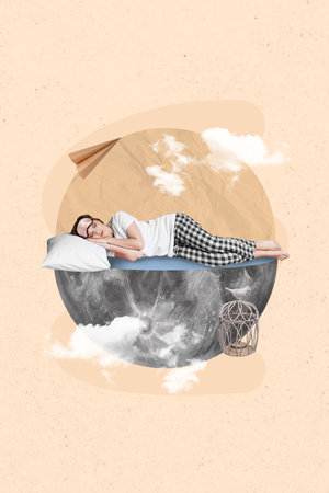 Collage illustration picture image poster of lovely lady enjoy peaceful dreams comfort bed isolated on painting backgroundの写真素材
