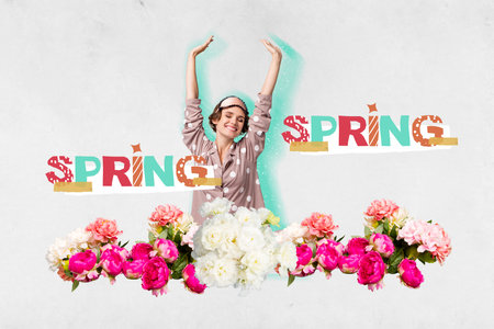 Young bride waking up among many flowers have best birthday morning international women day conceptual commercial collage photoの写真素材