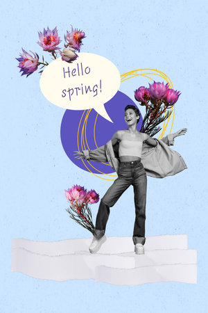 Colorful photo collage postcard style amazing girl happy greeting spring beginning take off clothes enjoy warm day blue sky backgroundの写真素材