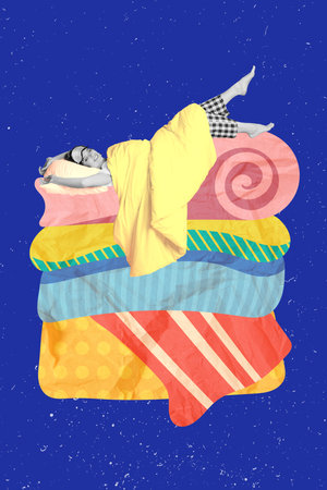 Vertical creative photo collage of beautiful positive happy carefree woman slipping flying on bed...