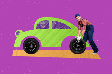 Photo collage artwork minimal picture of funny guy changing auto wheel isolated drawing backgroundの写真素材
