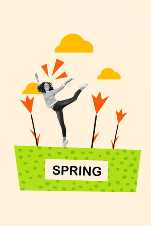 Creative postcard template collage of dream girl gymnast enjoy spring walk on beautiful sunny countryside fieldの写真素材