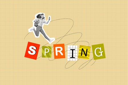 Artwork collage picture with big spring word on checkered notepad background small pupil girl...