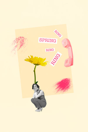 Creative banner poster collage of little lady with yellow daisy flower head sitting answer phone call spring day celebrationsの写真素材