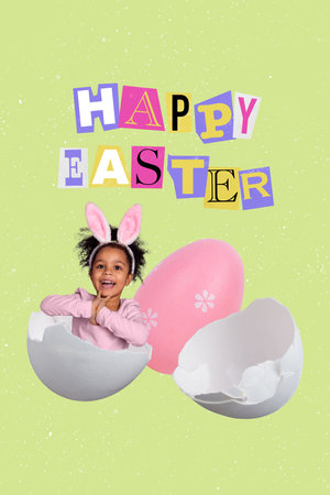 Tiny small little girl inside scrambled egg have fun preparing for Easter holiday celebration...