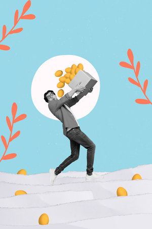 Creative 3d photo collage artwork graphics painting of excited funky guy delivering easter eggs isolated drawing backgroundの写真素材