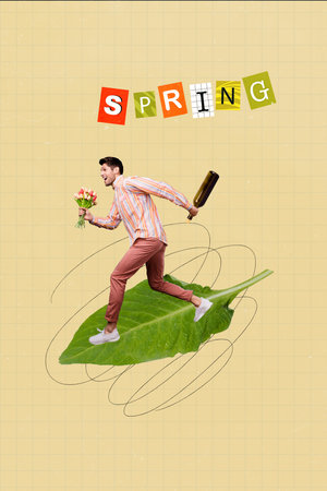 Creative artwork image collage of positive young guy hurry fast celebrate spring holidays 8 march hold bouquet champagneの写真素材