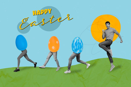 Creative 3d photo collage artwork graphics painting of funky guy walking legs easter eggs isolated drawing backgroundの写真素材