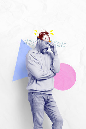 Photo collage artwork minimal picture of stressed depressed guy clock inside brains isolated drawing backgroundの写真素材