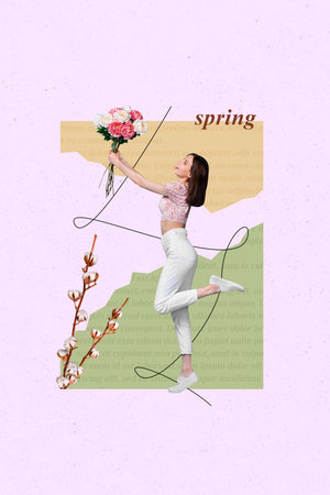 Creative template poster collage of happy young lady have surprise from boyfriend on 8 march date celebrationの写真素材