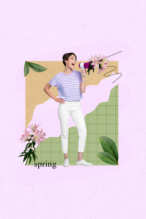 Creative picture template collage of young lady scream mic megaphone lily bouquet spring holiday marketingの写真素材
