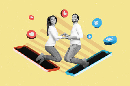 Exclusive magazine picture sketch collage image of happy smiling couple meeting online dating app...