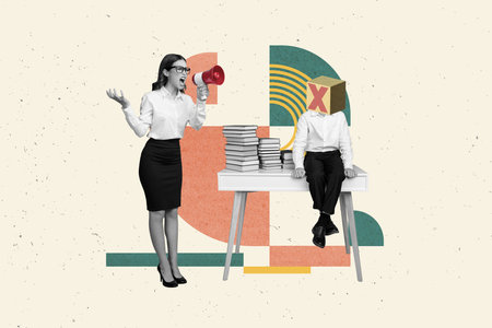 Creative collage poster september knowledge day young furious teacher scream megaphone her student stupid sit desk books isolated on beige backgroundの写真素材