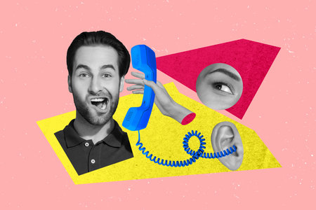 Composite collage photo of young funny grimace call center worker answering contact telecommunication support isolated on pink color backgroundの写真素材
