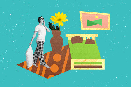 Creative 3d photo artwork graphics collage painting of tired lady walking bed isolated drawing backgroundの写真素材