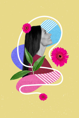 3d retro creative artwork template collage of smiling happy charming lady enjoying flowers aroma isolated painting backgroundの写真素材