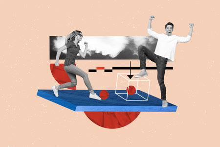 Creative retro 3d magazine collage image of lucky smiling lady guy celebrating achieving success...