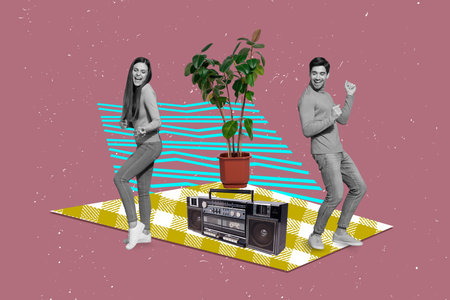 3d retro creative artwork template collage of happy smiling couple celebrating moving new apartment...