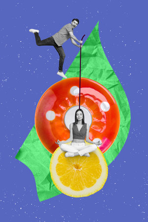 Vertical collage picture of mini black white colors guy hold string meditate girl half lemon fruit big plate isolated on creative backgroundの写真素材