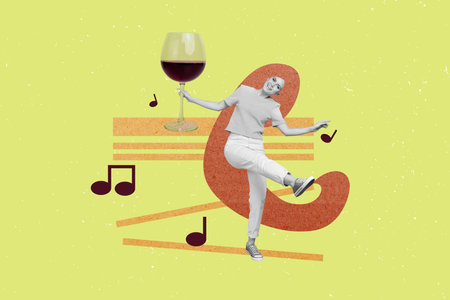 Composite collage picture of excited black white gamma girl hand hold huge wine glass dancing isolated on lime backgroundの写真素材