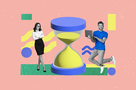 Creative business concept art banner collage of coworkers assistant lady folded hands sand hourglass...