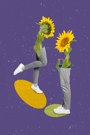 Creative collage photo 3d illustration of funny positive woman smiling look at flower isolated on...