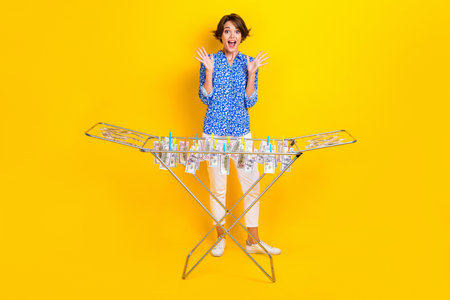 Full body photo of attractive woman impressed raise hands launder money wear trendy smart casual...