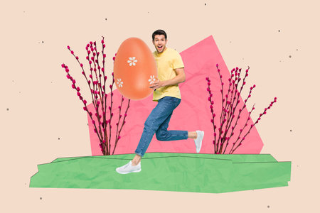 Creative composite collage photo of young funny active guy running hold colored orange easter egg...