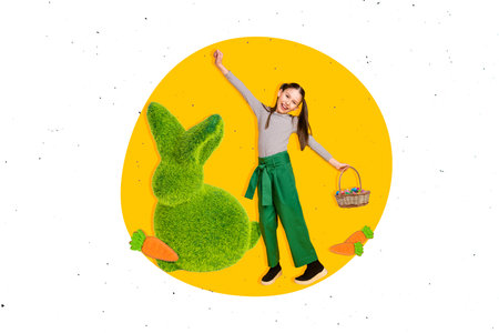 Creative collage image of cheerful little girl hold painted eggs easter basket big fluffy bunny toy carrotsの写真素材