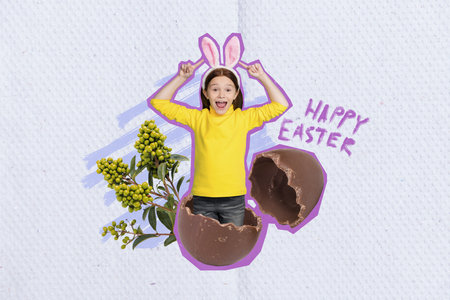 Creative collage photo illustration of cheerful impressed small girl jumped out chocolate easter egg isolated on painting backgroundの写真素材