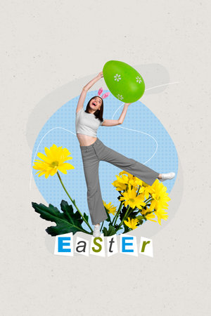 Creative collage artwork of young excited lady wear pink headband bunny ears hold green colored egg yellow daisy easter isolated on gray backgroundの写真素材